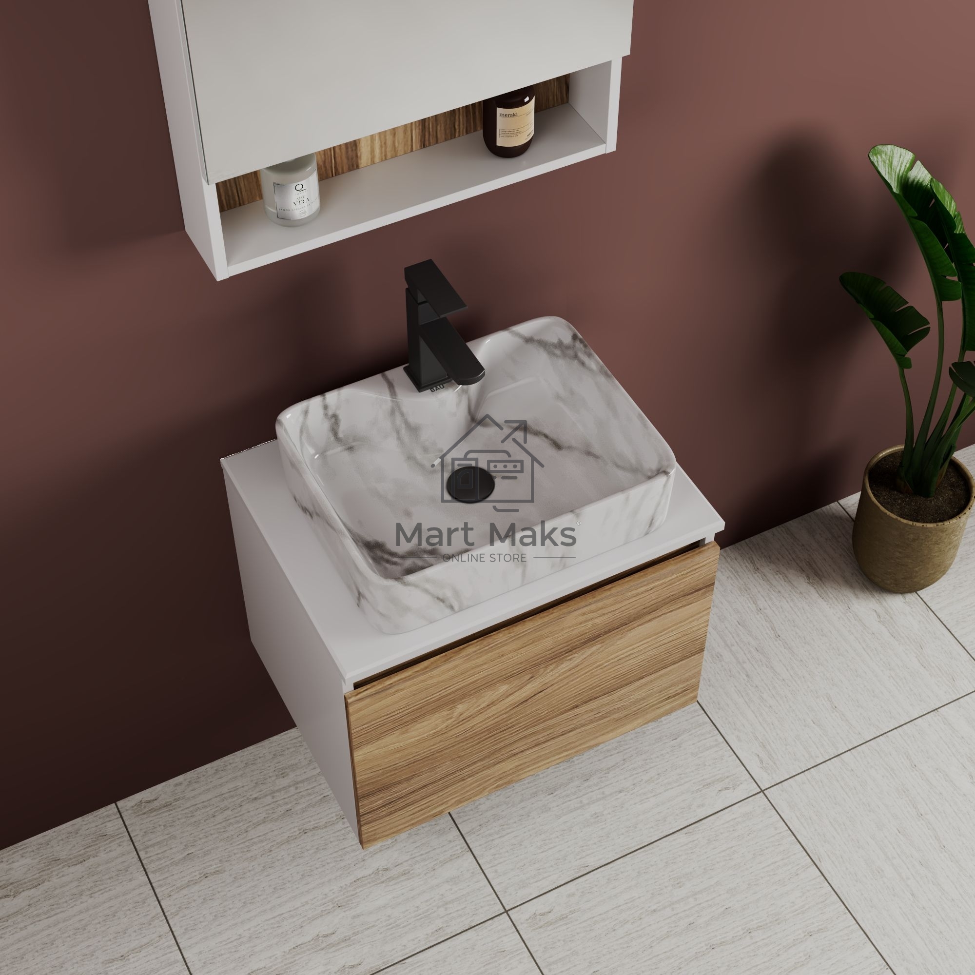 Комплект: тумба Bau Dream Blackwood 60, 1 ящик, раковина прямоугольная BAU Cerama 48х37, мрамор, смеситель Hotel Black, черный матовый, выпуск клик клак черный