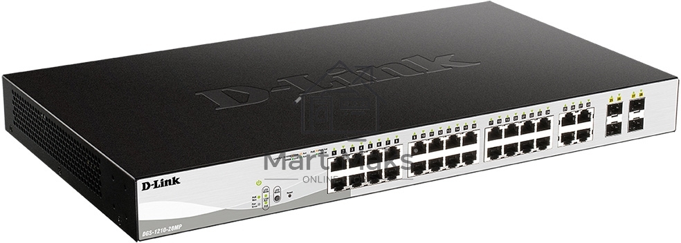 Коммутатор D-Link DGS-1210-28MP/FL1A, L2 Managed Switch with 24 10/100/1000Base-T ports and 4 100/1000Base-T/SFP combo-ports (24 PoE ports 802.3af/802.3at (30 W), PoE Budget 370 W).8K Mac address, 802.3x Flow C
