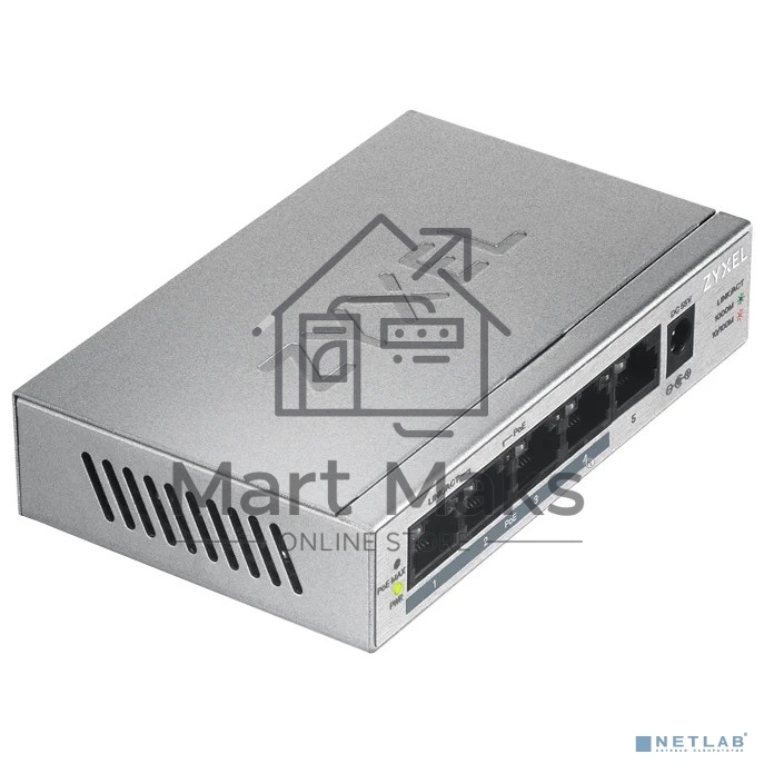 Коммутатор Zyxel GS1005HP Switch PoE +, 5xGE (4xPoE +), desktop, metal, silent, PoE budget 60 W