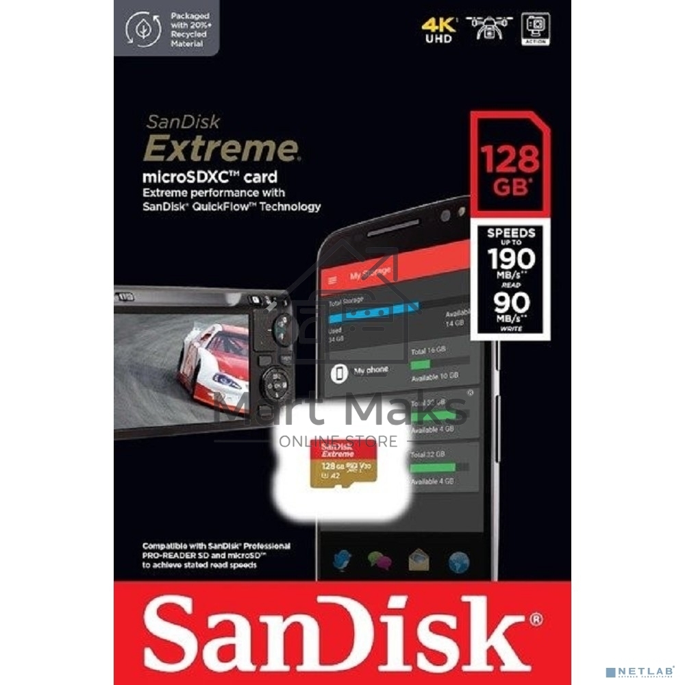 Флеш карта microSD 128GB SanDisk microSDXC Class 10 UHS-I A2 C10 V30 U3 Extreme 190MB/s