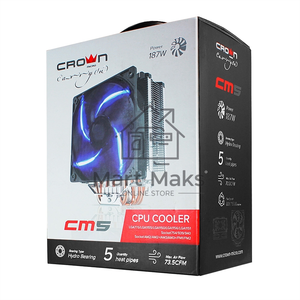 Кулер для процессора Crown CM-5 прозрачный/черный, 120 мм, 1500 об/мин, 30.8 дБ, 4 pin, 187 Вт, 148 мм