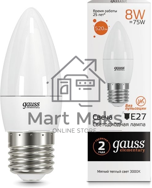 Лампа светодиодная LED Elementary Candle E27 8Вт 3000К Gauss 33218