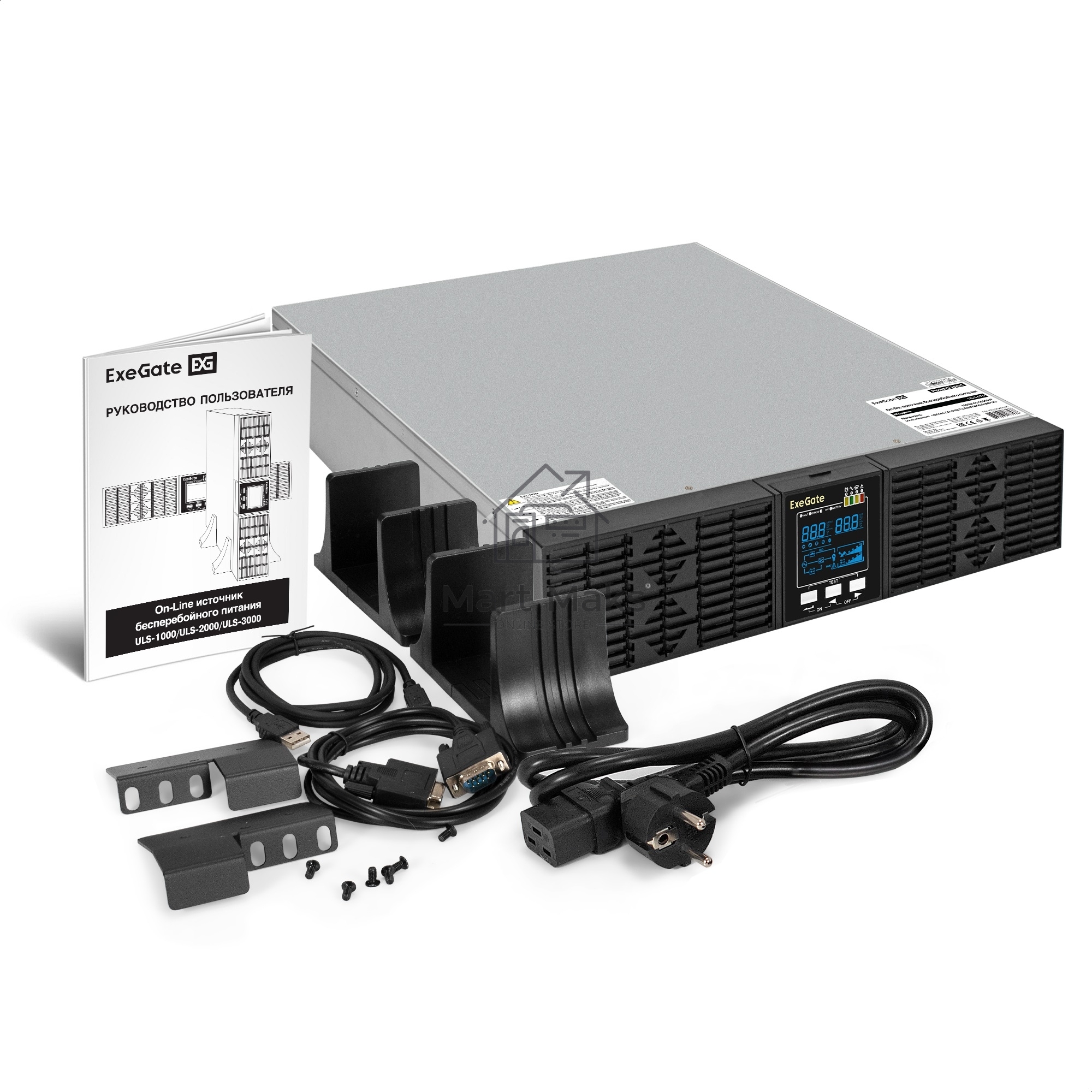 Источник бесперебойного питания On-line ExeGate PowerExpert ULS-3000.LCD.AVR.6C13.USB.RS232.SNMP.BC.2U <3000VA/3000W, On-Line, PF=1, LCD, 6*C13, RS232, USB, SNMP-slot, встроенные батареи 12V 7.2Ah - 6шт, батарейный коннектор, подключение до 4 внешних бата