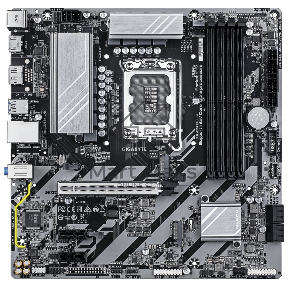Материнская плата Gigabyte B860M D3HP, LGA 1851, Intel B860, 4xDDR5, 4xSATA, 2xM.2, 1xPCIe 5.0 x16, 2xPCIe x1, 1xHDMI, 1xDP, 1x 1Gb LAN, 3xUSB-A 3.2 Gen 1, 3xUSB-A 2.0, 1xUSB-C 3.2 Gen 1, 3x3.5 мм, 7.1, mATX