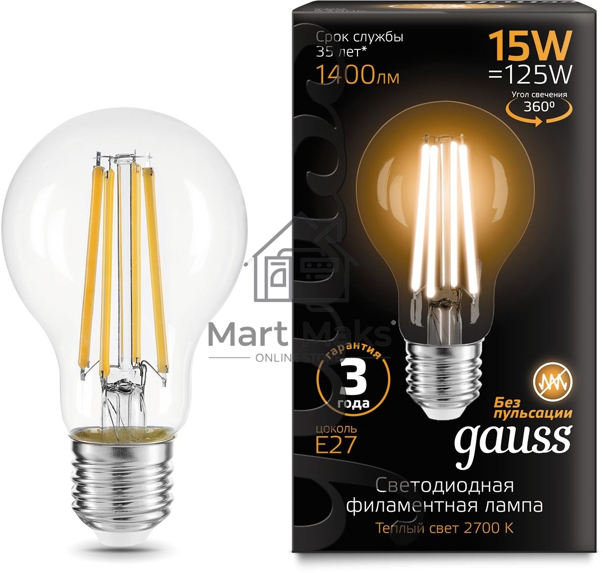 Лампа Gauss Filament А60 15W 1400lm 2700К Е27 LED 1/10/40