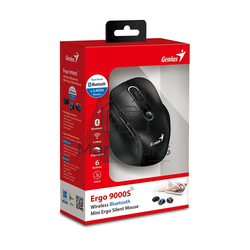 Мышь беспроводная Genius Ergo 9000S черный, 2400 dpi, радиоканал, Bluetooth, USB, кнопки - 6