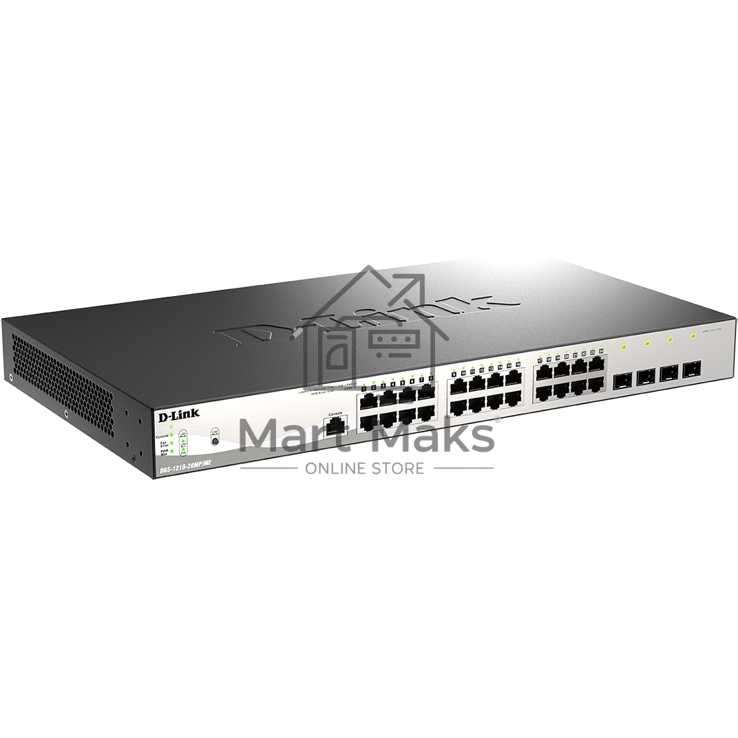 Управляемый коммутатор 2 уровня D-Link DGS-1210-28MP/ME/B2A PROJ с 24 портами 10/100/1000Base-T и 4 портами 1000Base-X SFP (24 порта с поддержкой PoE 802.3af/802.3at (30 Вт), PoE-бюджет 370 Вт)