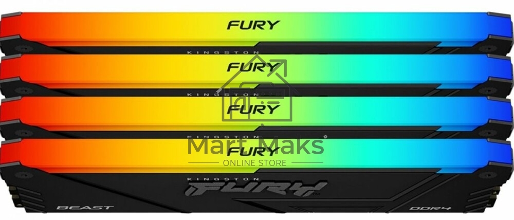 Оперативная память Kingston Fury Beast, DDR4, 64GB (4x16GB), 3200MHz, CL16, DIMM, с радиатором, RGB, черный
