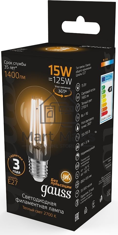 Лампа Gauss Filament А60 15W 1400lm 2700К Е27 LED 1/10/40