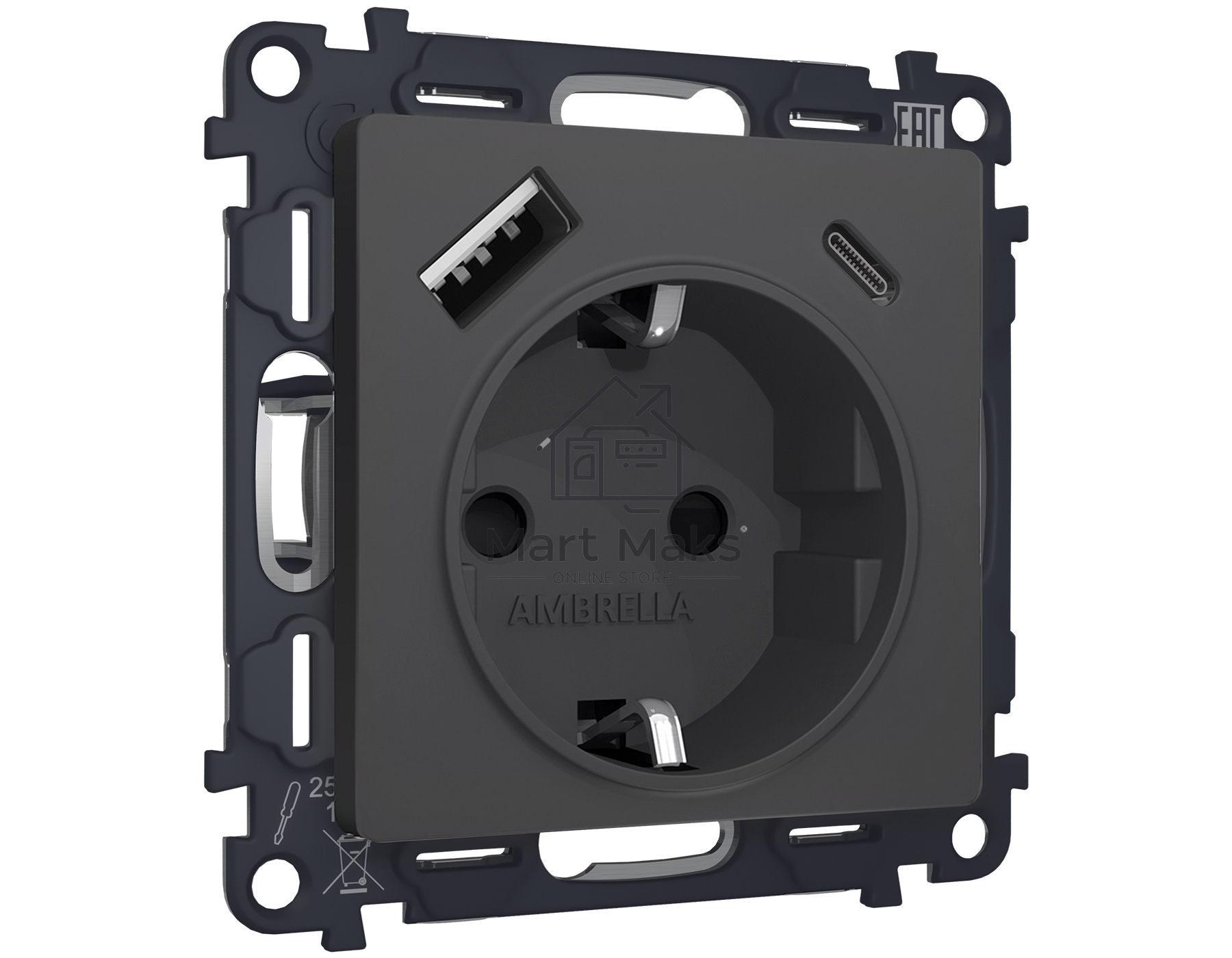 Комплект механизма электрической розетки ALFA Графит мягкое касание 2USB A+C 20W (быстрая зарядка) с/з QUANT (AP9100, VM160) MA910010