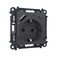 Комплект механизма электрической розетки ALFA Графит мягкое касание 2USB A+C 20W (быстрая зарядка) с/з QUANT (AP9100, VM160) MA910010