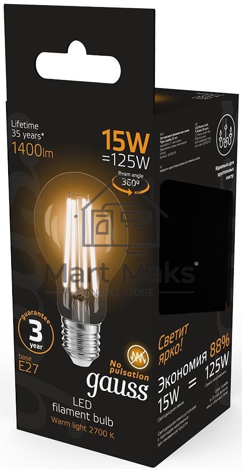 Лампа Gauss Filament А60 15W 1400lm 2700К Е27 LED 1/10/40