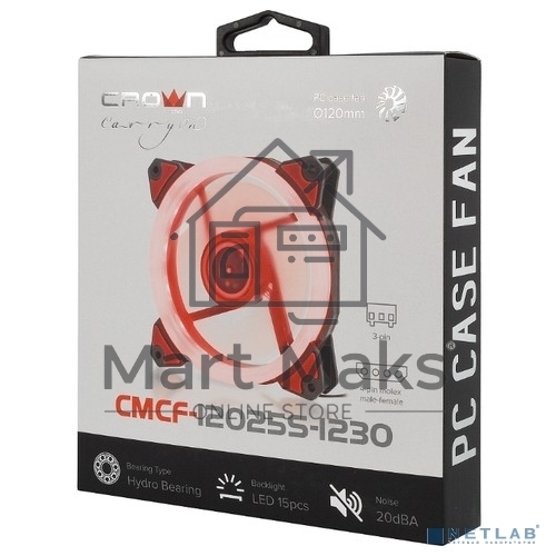 Вентилятор для корпуса Crown CMCF-12025S-1230 черный/красный, 120 мм, 1650 об/мин, 23 дБ, 3 pin