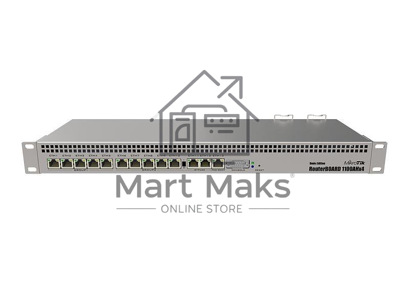 Маршрутизатор MikroTik RouterBOARD 1100Dx4 with Annapurna Alpine AL21400 Cortex A15 CPU (4-cores, 1.4GHz per core), 1GB RAM, 13xGbit LAN, 60GB M.2 drive, RouterOS L6, 1U rackmount case, Dual PSU