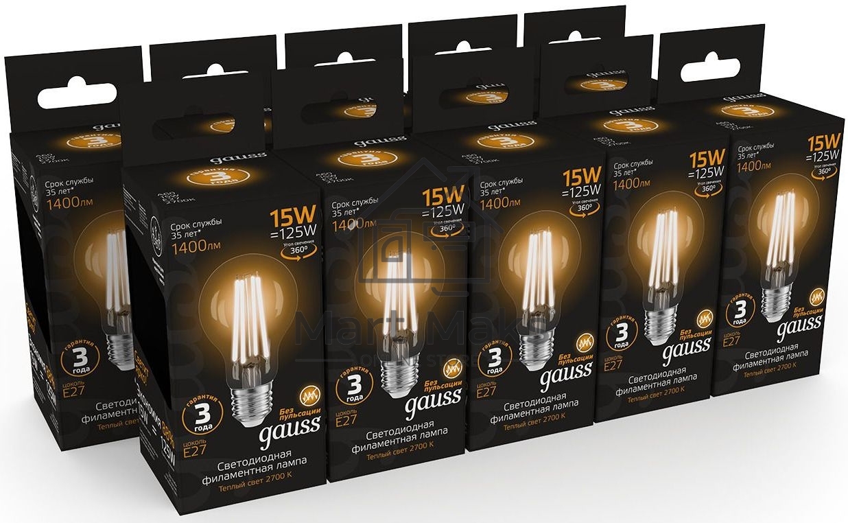 Лампа Gauss Filament А60 15W 1400lm 2700К Е27 LED 1/10/40