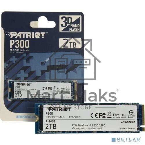 Накопитель SSD Patriot P300, 2TB, PCIe 3.0 x4, M.2 2280, NVMe, R/W 2100/1650