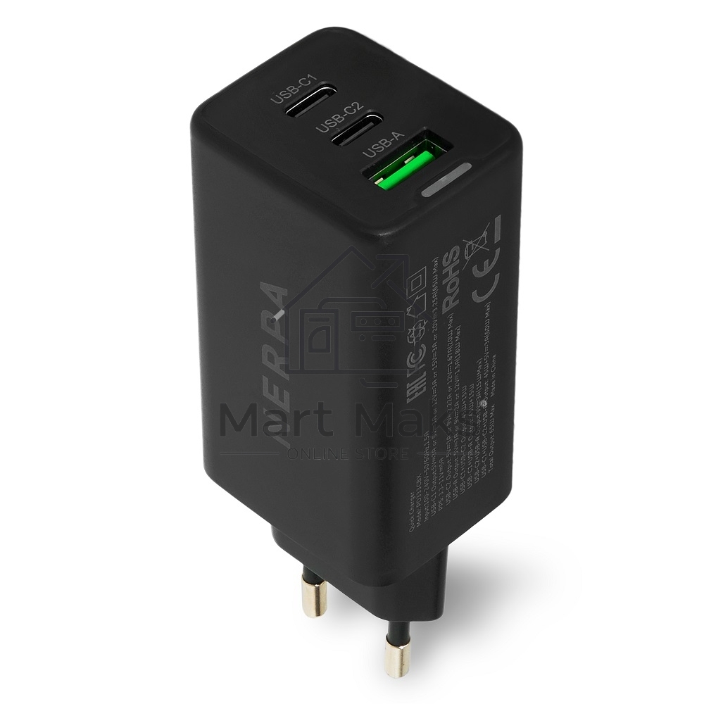 Зарядное устройство NERPA PD333CBX 65W GaN PD+QC3.0, 2xUSB-C, 1xUSB-A, USB-C - USB-C 100W cable 1.5m черный, EU plug, BOX