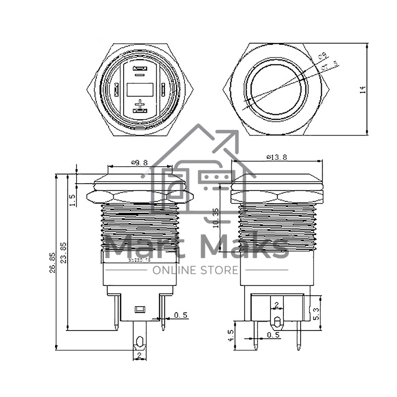 Кнопка антивандальная Ø12 12В Б/Фикс (2с) (ON)-OFF синяя Rexant