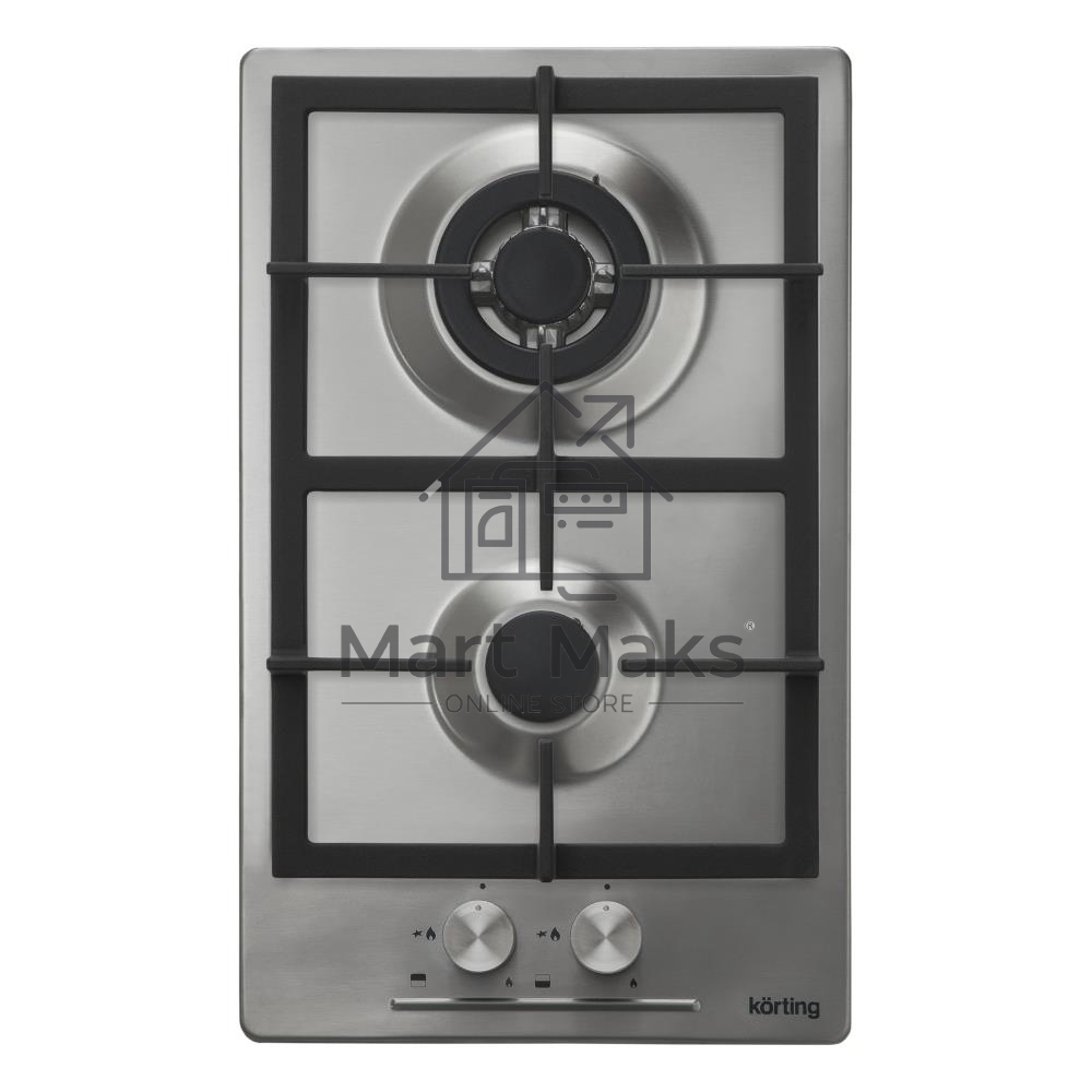 Встраиваемая газовая панель Korting HG 365 CTX / 30 x 51 см, 2 конфорки, электроподжиг, газ-контроль, чугунные решетки, в комплекте - подставка WOK и адаптер для кофейника, нержавеющая сталь