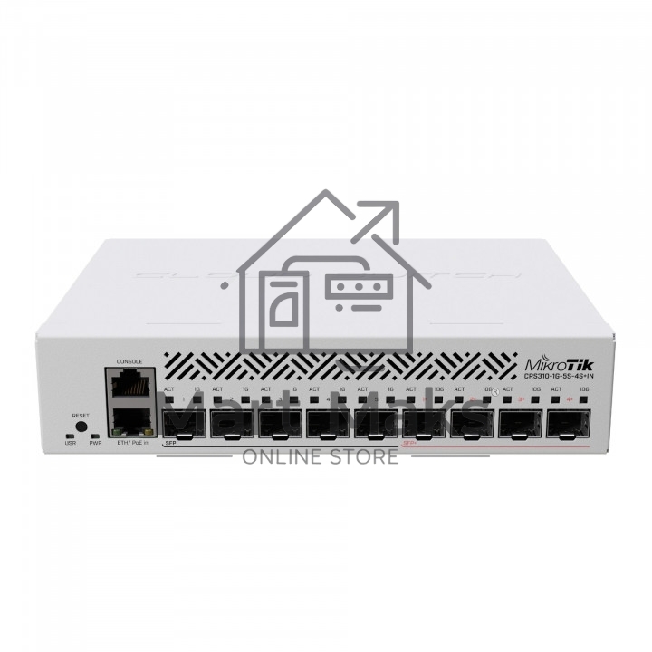 Коммутатор MikroTik Cloud Router Switch CRS310-1G-5S-4S+IN with 800 MHz CPU, 256 MB RAM, 4xSFP+, 5xSFP cages, 1xGBit LAN port, RouterOS L5, desktop case, rackmount ears, PSU