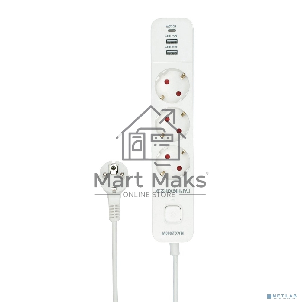 Сетевой фильтр Гарнизон EPS-3-CU2-W-2 2.0 Мультипорт 3р, 10А, 1xType-C PD, 2 х USB QC, 2м, ур.защиты 2+, белый, пак (21448)