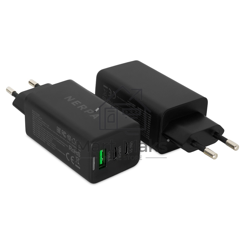 Зарядное устройство NERPA PD333CBX 65W GaN PD+QC3.0, 2xUSB-C, 1xUSB-A, USB-C - USB-C 100W cable 1.5m черный, EU plug, BOX