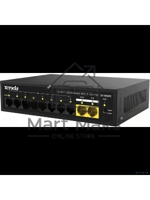 Коммутатор неуправляемый Tenda S110GPC PoE, 10 портов, 8x100 Мбит/с, 2х1 Гбит/с, PoE 8х30 Вт (до 80 Вт), настольный