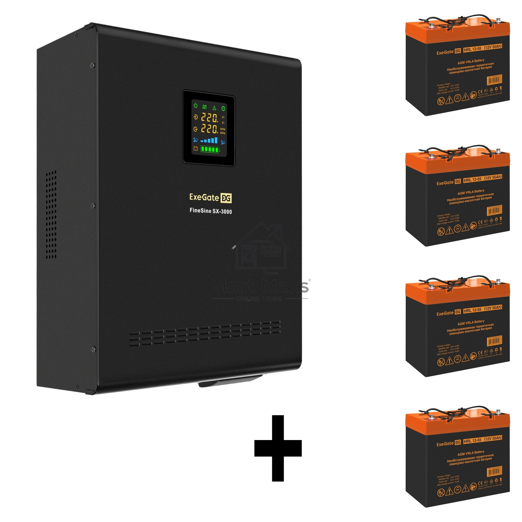 Комплект ИБП EX296003RUS + батарея 55Aч EX285652RUS 4шт (инвертор, синус, для котла, настенный) ExeGate FineSine SX-3000.LCD.AVR.2SH.T <3000VA/2100W, чистая синусоида, цветной LCD-дисплей, AVR, 2*Schuko+клеммы, линейно-интерактивный, крепление настенное, 
