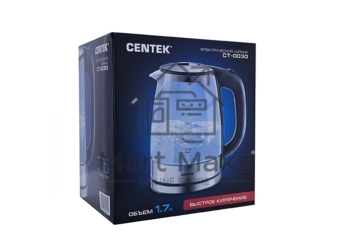 Чайник Centek CT-0030 черный стекло 1.7л, 2200Вт, внутр. LED подсветка,защита от вкл б/воды