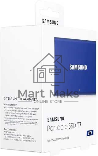 Твердотельный накопитель Samsung SSD 2TB T7, USB Type-C, R/W 1000/1050MB/s, Blue