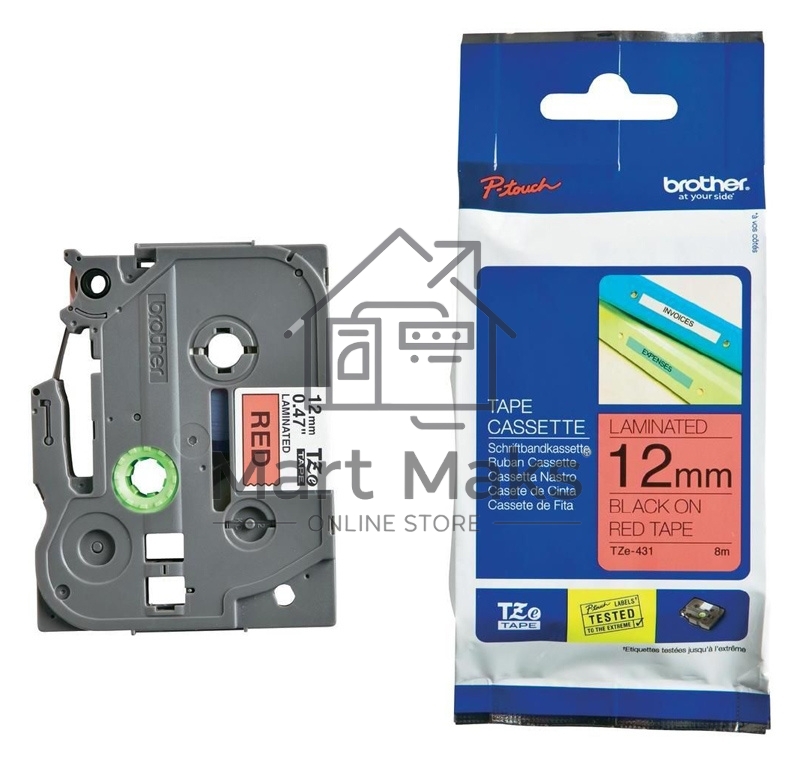 Картридж Brother TZE431 12 мм, 8 м, черный шрифт, красный фон, для BROTHER P-touch