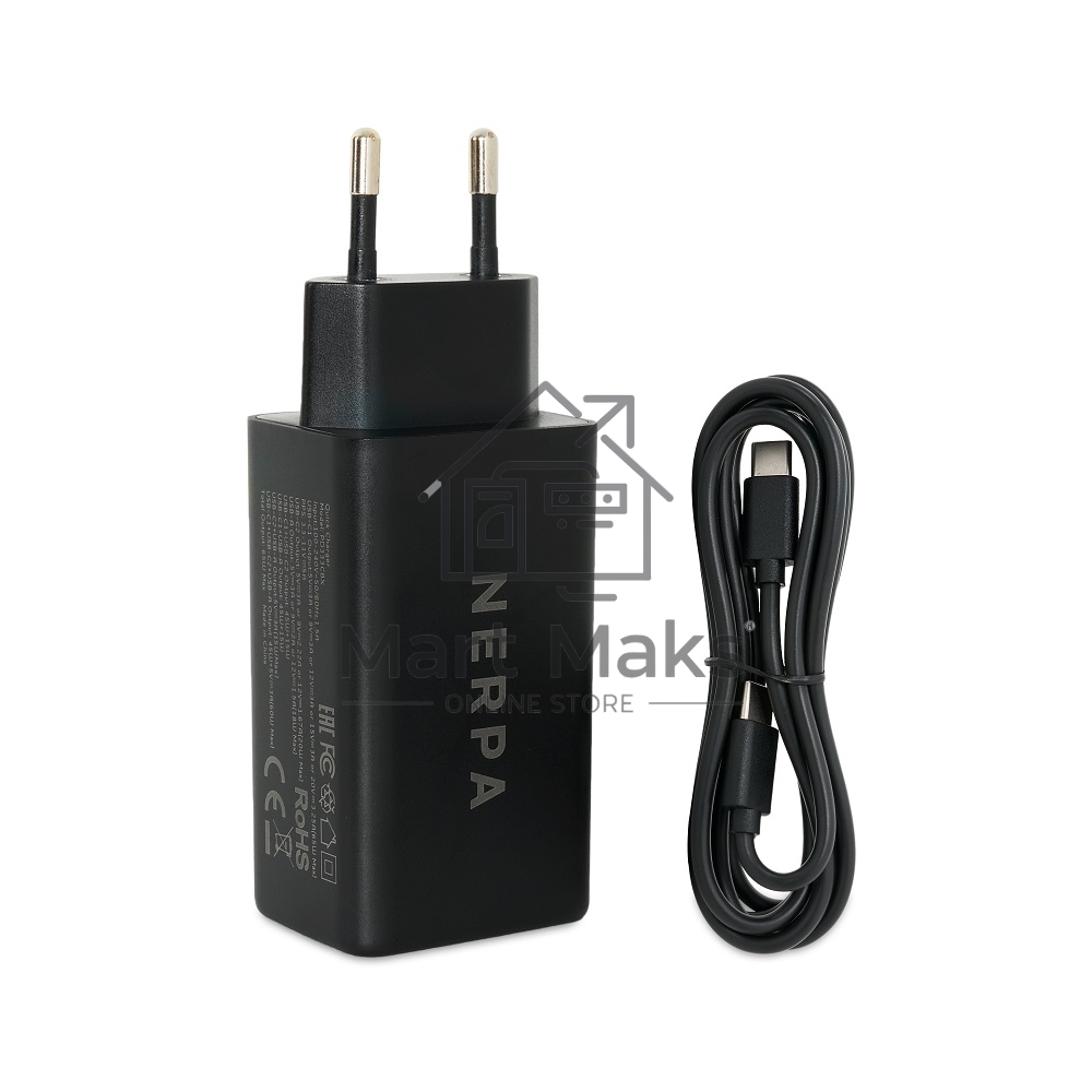 Зарядное устройство NERPA PD333CBX 65W GaN PD+QC3.0, 2xUSB-C, 1xUSB-A, USB-C - USB-C 100W cable 1.5m черный, EU plug, BOX