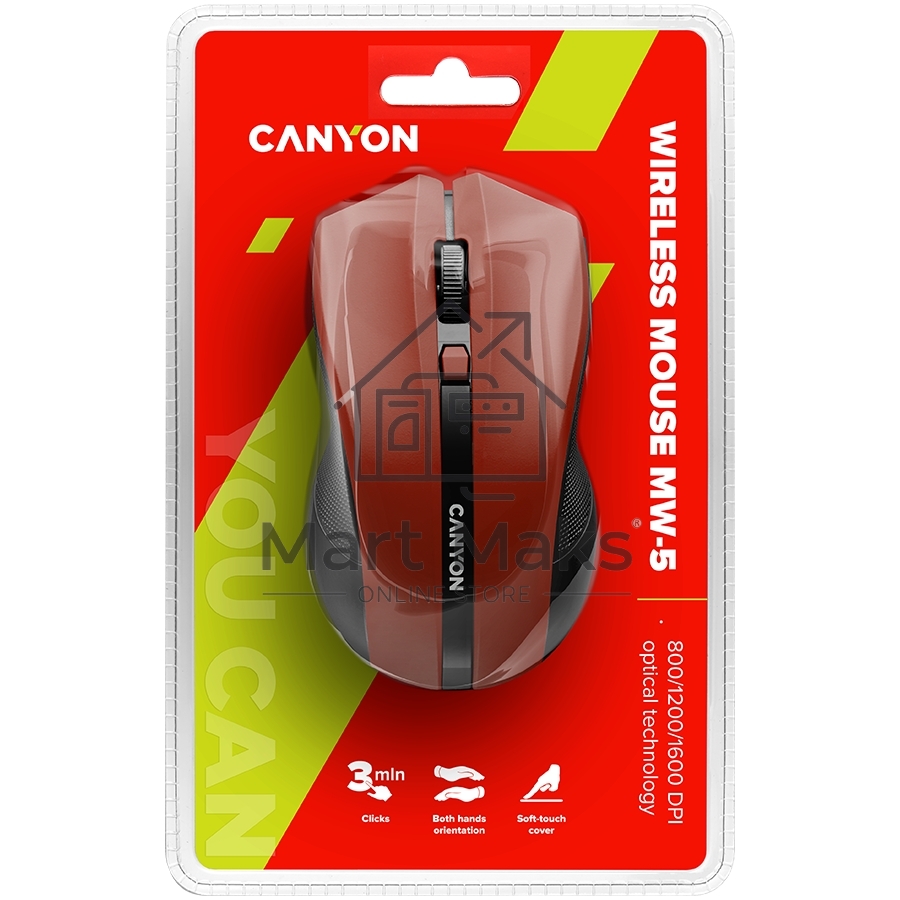 Мышь беспроводная Canyon MW-5 красный, 1600 dpi, радиоканал, USB, кнопки - 4