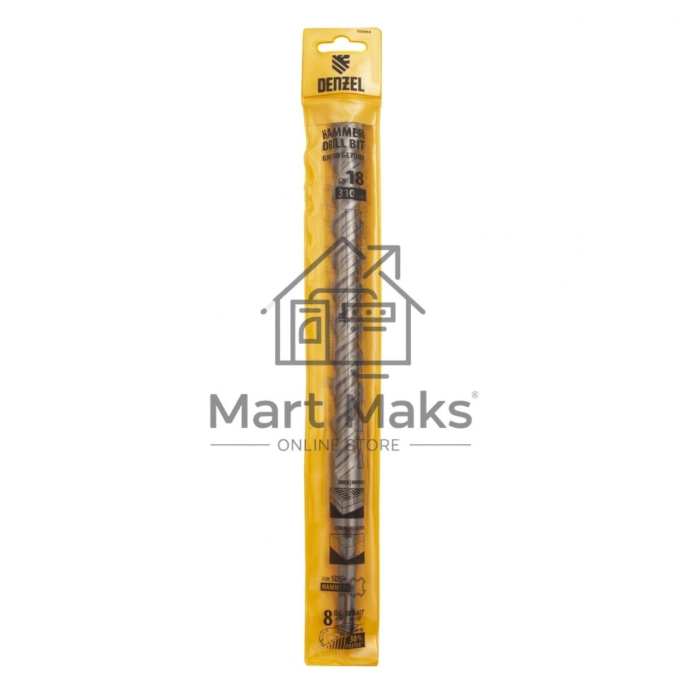 Бур по бетону, двойная спираль, Cobalt W-tip, 18x310 мм, SDS PLUS Denzel