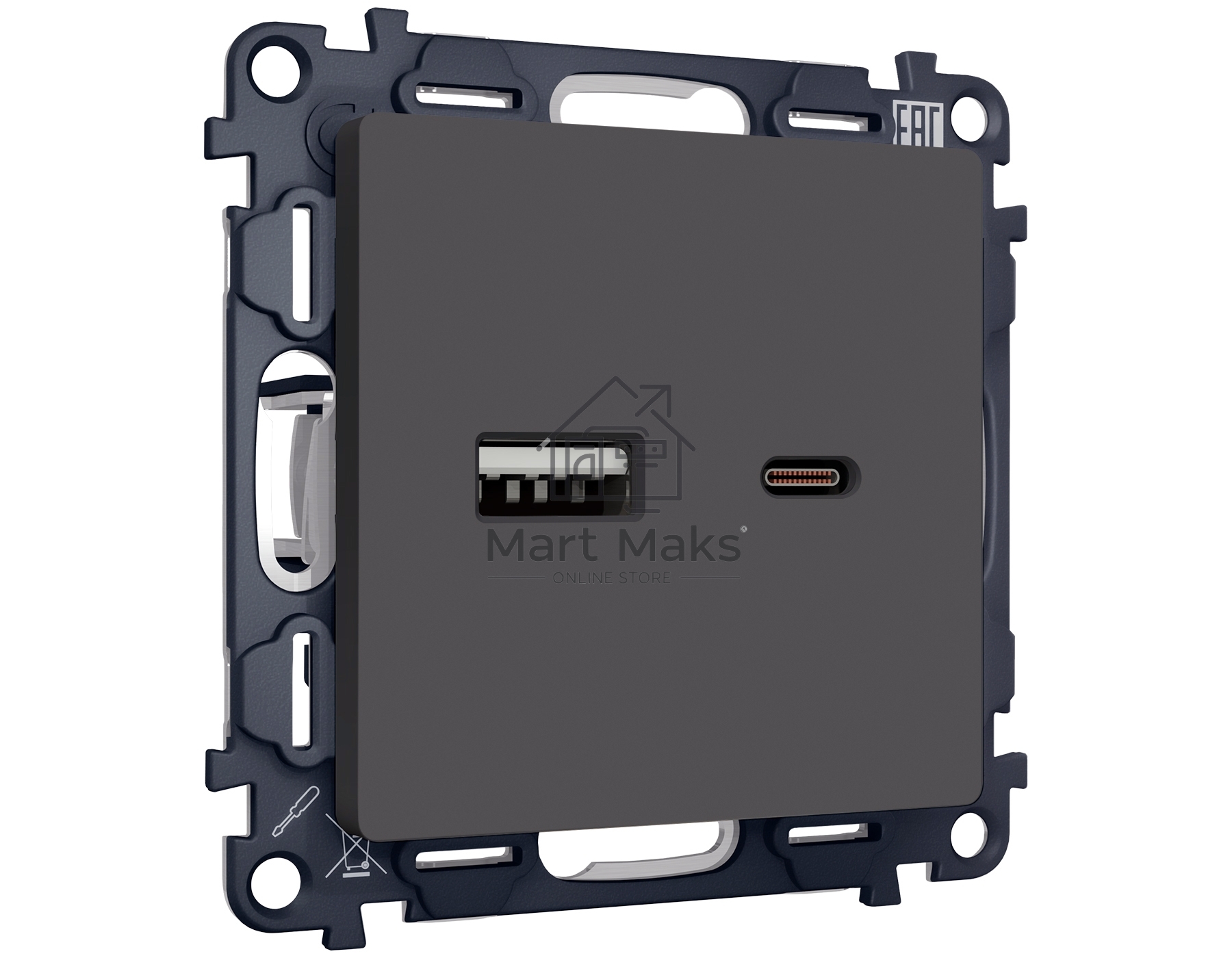 Комплект механизма розетки ALFA Графит мягкое касание 2USB A+C 20W (быстрая зарядка) QUANT (AP9110, VM177) MA911010