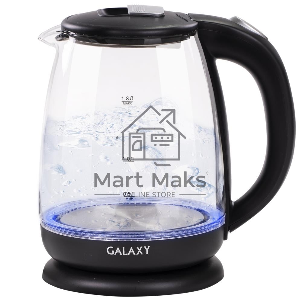 Чайник электрический Galaxy Line GL 0554, черный, стекло, 2000 Вт, 1,8 л, LED-подсветка, шкала уровня воды, корпус из термостойкого стекла