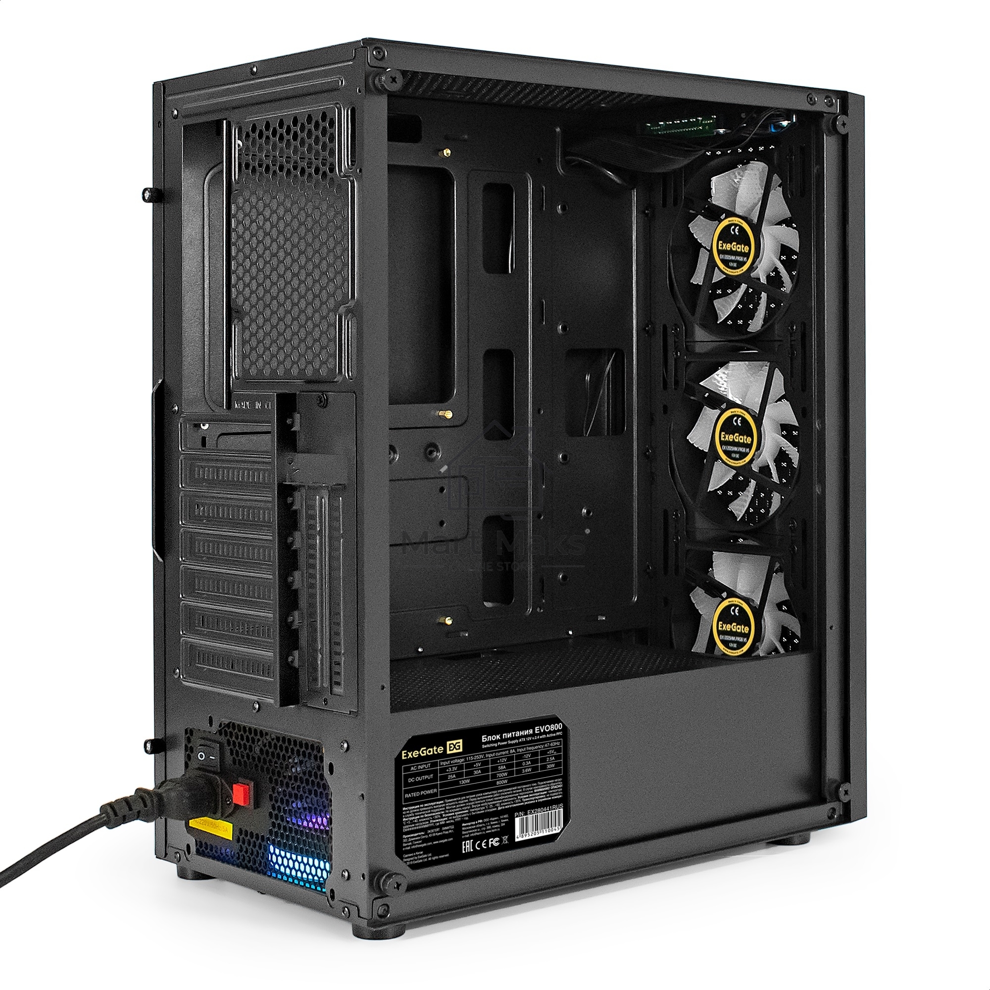 Компьютерный корпус Miditower ExeGate EVO-8227-EVO800 (ATX, БП EVO800RGB с вент. 12 см, 2*USB+1*USB3.0+HD Audio, черный, 3 вент. RGB, закаленное стекло)
