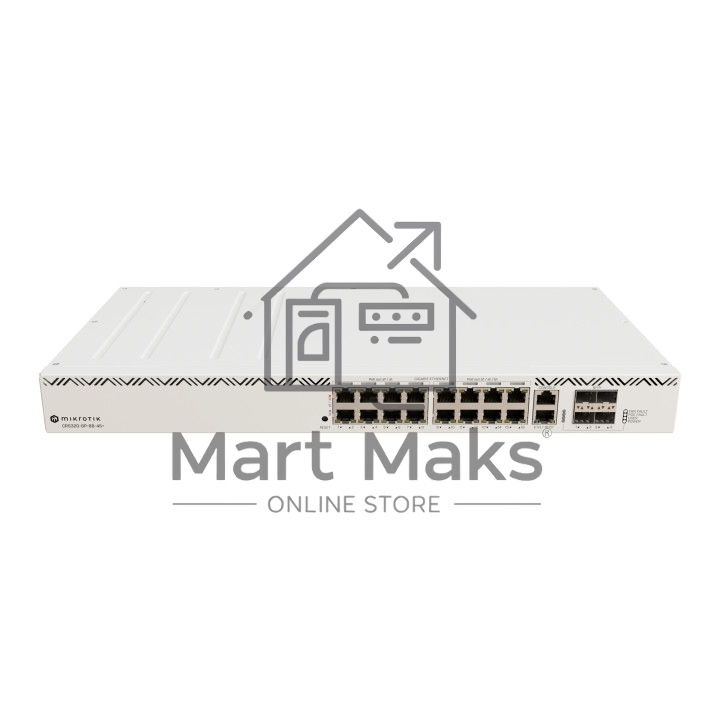 Коммутатор Mikrotik CRS320-8P-8B-4S+RM Cloud Router Switch with dual-core 800 MHz CPU, 256 MB RAM, 98DX226S switch chip, 17 x Gigabit Eth ports (8 x 802.3af/at, 8 x 802.3bt PoE-out), 4 x 10G SFP+ ports, RouterOS L5, 1U rackmount enclosure, 600W PSU