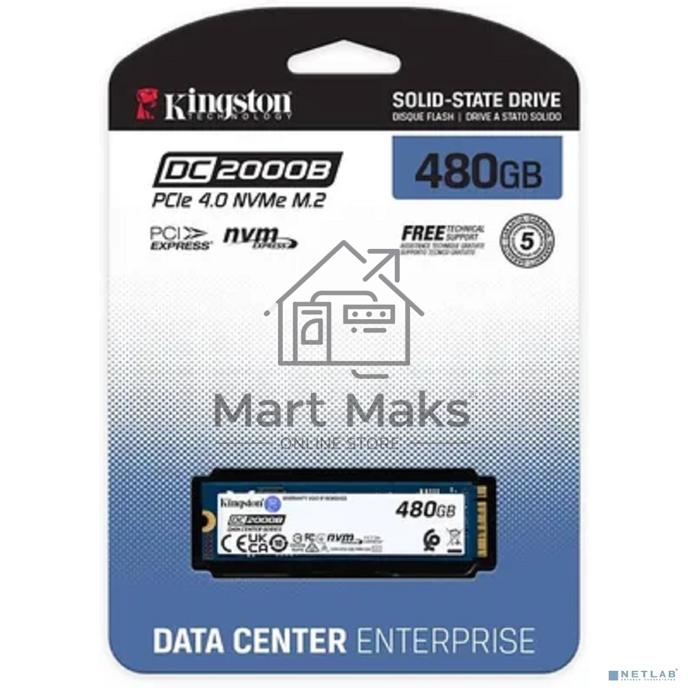 Накопитель SSD Kingston DC2000B, 480GB, PCIe 4.0 x4, M.2 2280, R/W 7000/800
