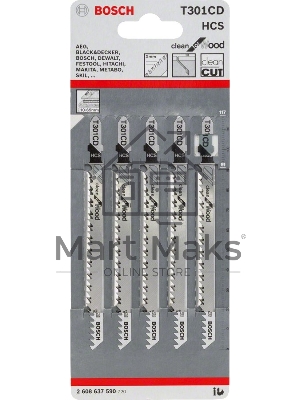 Пилка для лобзика Bosch 2608637590 5 ЛОБЗИКОВЫХ ПИЛОК T 301 CD, HCS