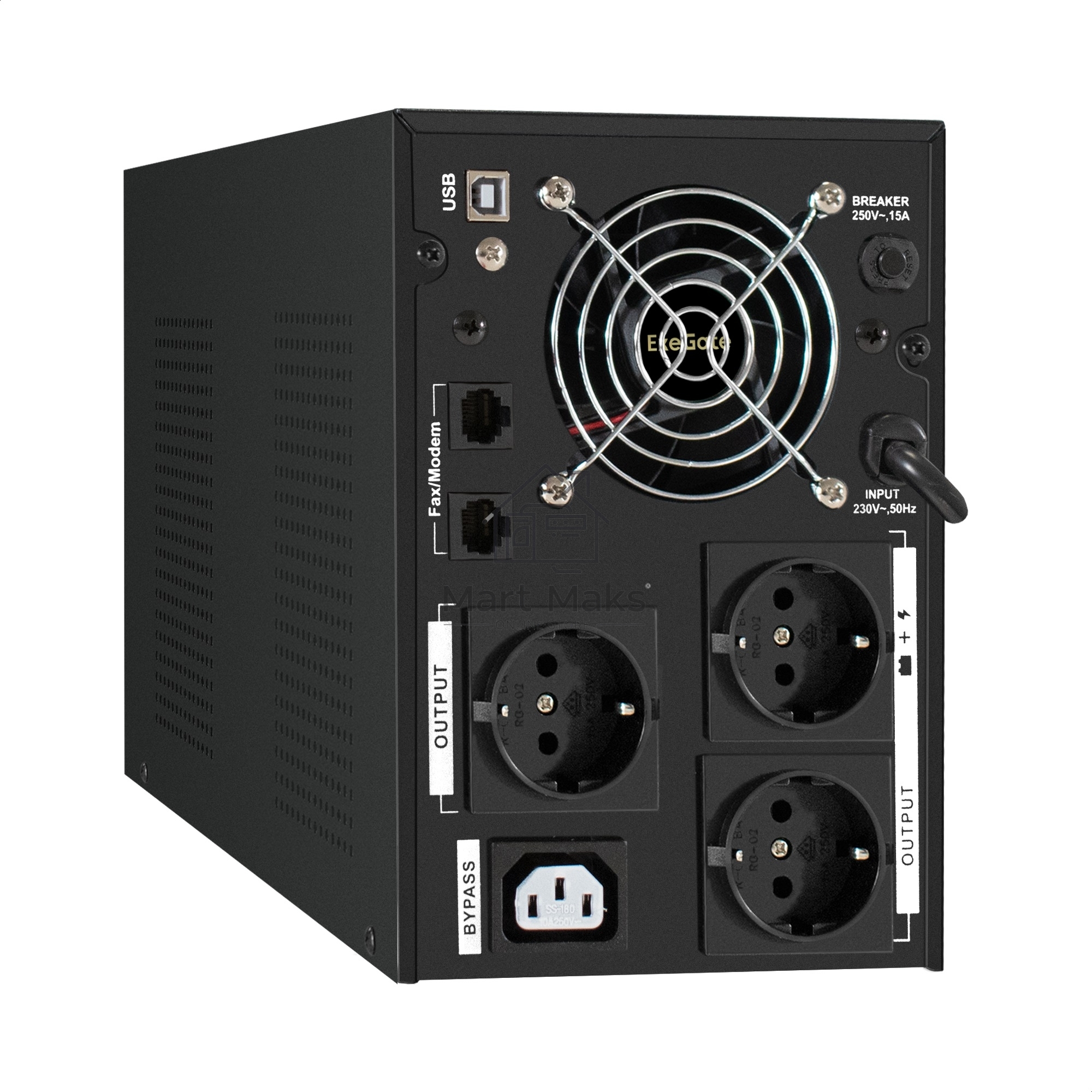 Источник бесперебойного питания (инвертор, синус, для котла) ExeGate SineTower SN-2000.LCD.AVR.3SH.1C13.RJ.USB 2000VA/1600W, чистая синусоида, LCD дисплей, AVR, 3*Schuko+1*C13, RJ45/11, USB, линейно-интерактивный, черный