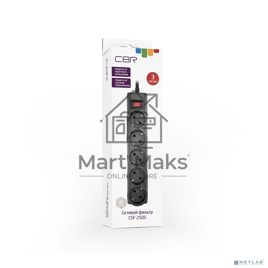 Сетевой фильтр CBR CSF 2505-3.0 Black CB, 5 евророзеток, длина кабеля 3 метра, цвет черный (коробка)