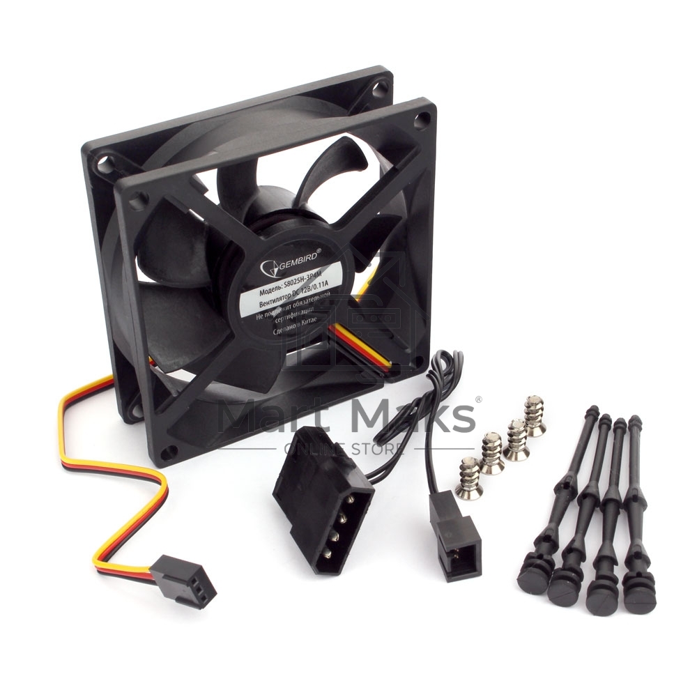 Вентилятор для корпуса Gembird 80x80x25, гидрод., тихий, 3 pin/4pin Molex, провод 30 см (S8025H-3P4M)