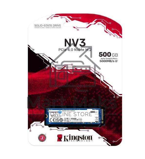Накопитель SSD Kingston NV3, 500GB, M.2 2280, PCIe 4.0 x4, NVMe, R/W 5000/3000