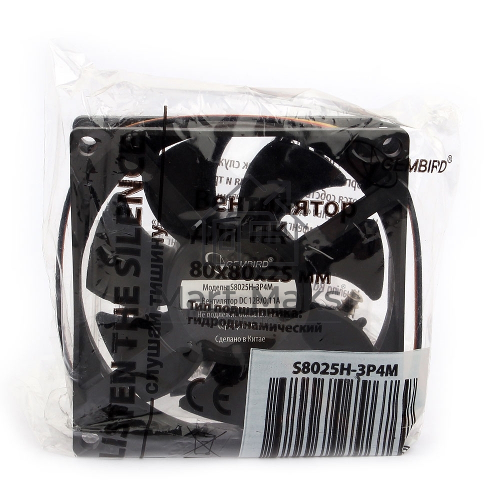 Вентилятор для корпуса Gembird 80x80x25, гидрод., тихий, 3 pin/4pin Molex, провод 30 см (S8025H-3P4M)