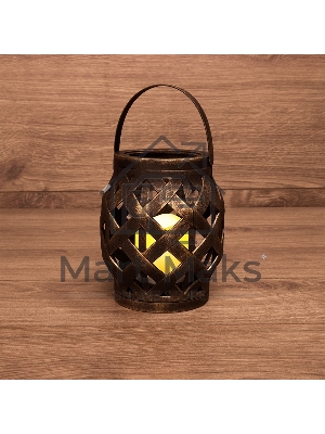 Декоративный фонарь со свечкой, плетеный корпус, бронза, размер 14х14х16,5 см, цвет теплый белый