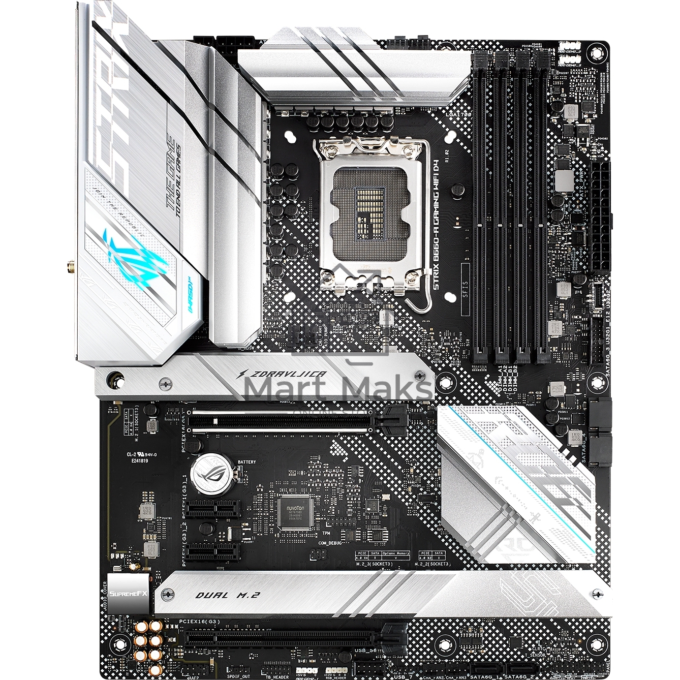Материнская плата ASUS ROG STRIX B660-A GAMING WIFI D4, LGA 1700, Intel B660, 4xDDR4, 4xSATA, 3xM.2, 1xPCIe 5.0 x16, 1xPCIe 3.0 x4, 2xPCIe x1, 1xHDMI, 1xDP, 1x 2.5Gb LAN, 4xUSB 2.0, 2xUSB 3.2 Gen 1, 1xUSB-A 3.2 Gen 2, 1xUSB-C 3.2 Gen 1, 1xUSB-C 3.2 Gen 2x
