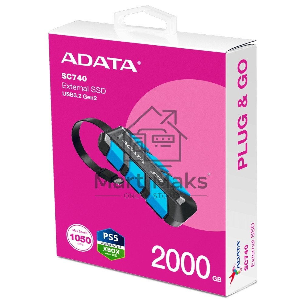 Внешний SSD ADATA 2.0Tb SC740 <SC740-2000G-CBU> (USB3.2 gen 2 type C, 1050/1000Mbs, 122x41x22mm, 40g, защита от падения, встроенный кабель)