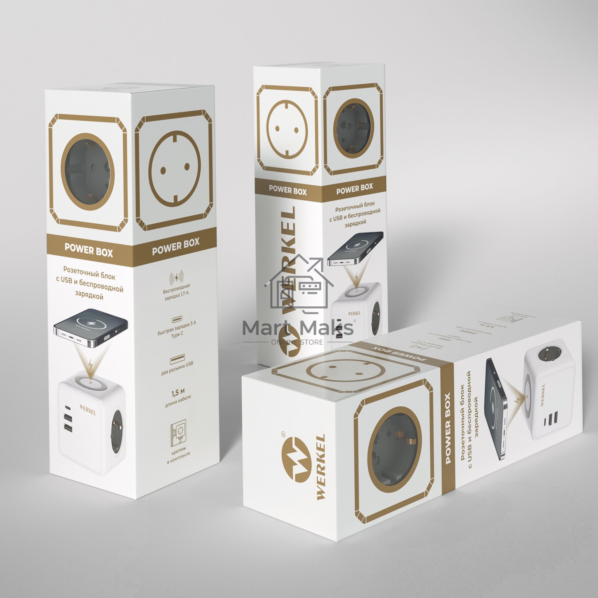 Розеточный блок 3-местный + 3 USB + беспроводная зарядка
