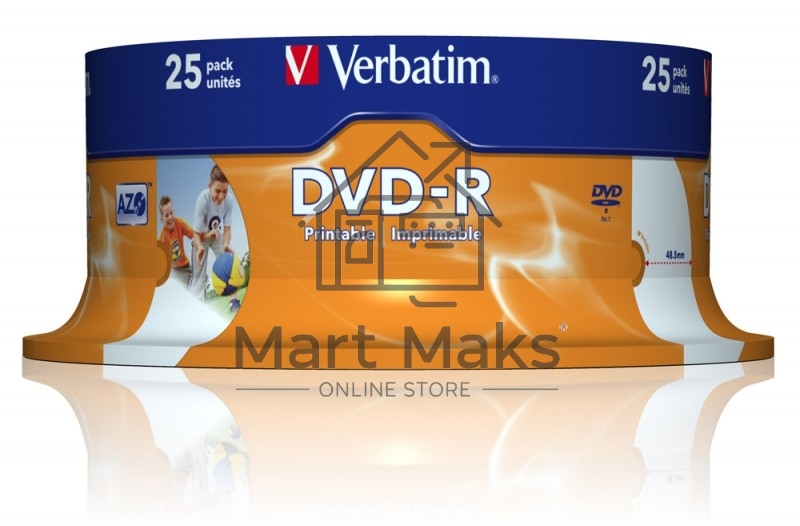 Диск DVD-R Verbatim 4.7Gb 16x Cake Box (25шт) Printable (43538)